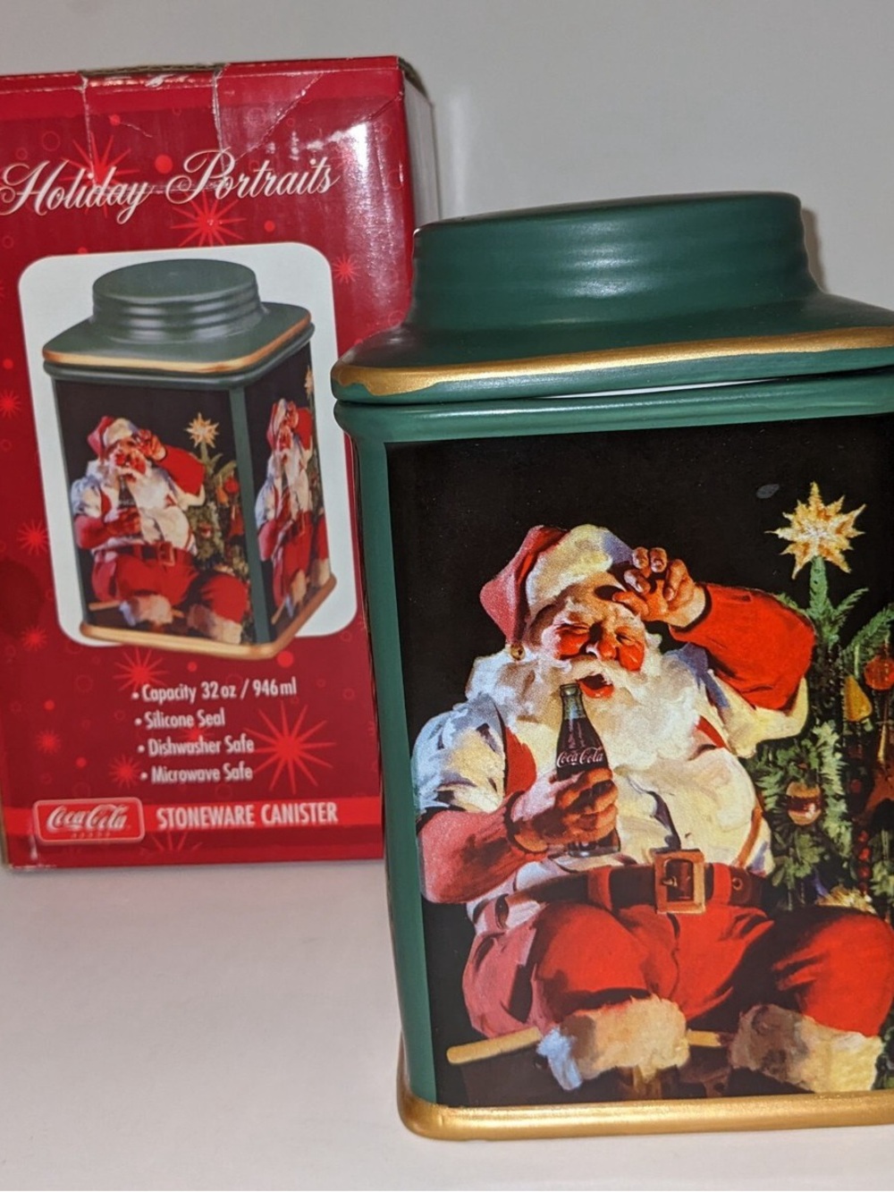 Coca Cola Holiday Portraits GREEN Stoneware Canister 8 inches w/ Tired Santa